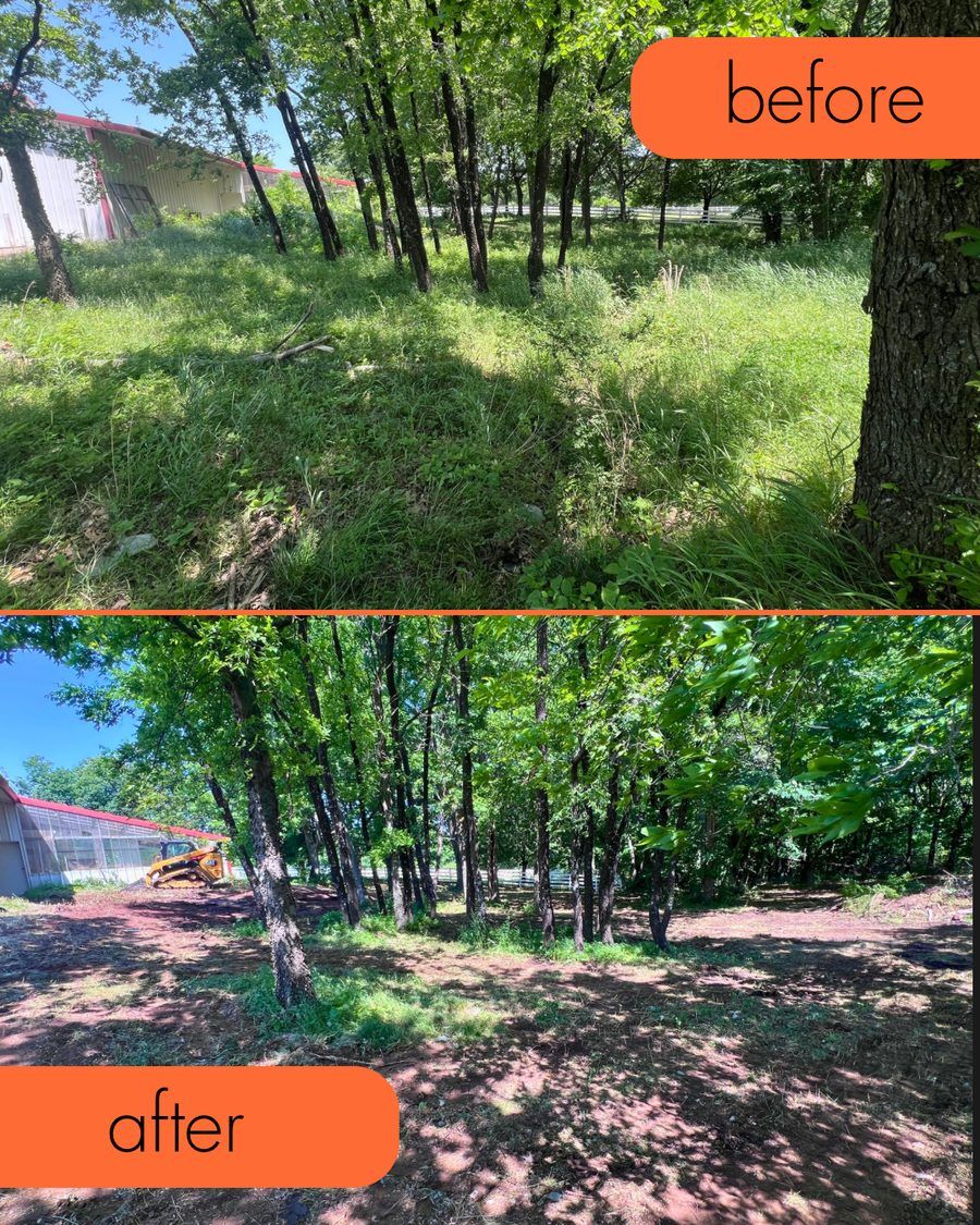Before and after of an overgrown lot cleared by brush hogging and rough grading