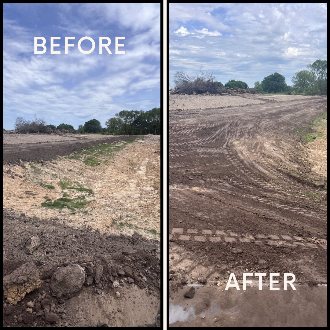 Before and after photos of a property regraded and smoothed with a dozer