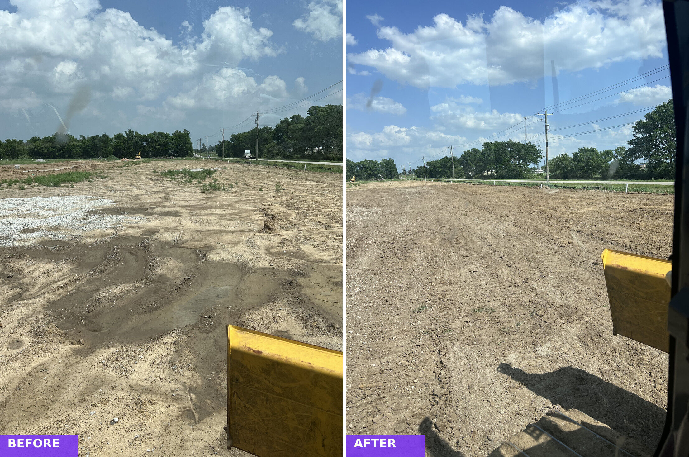 Before and after photos of a rutted lot cut down and smoothed into an even, compacted grade